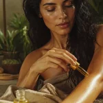Beauté brésilienne : femme applique une huile sèche naturelle
