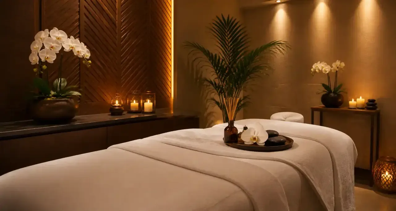 Cabine de soin d'un spa avec table de massage et orchidées