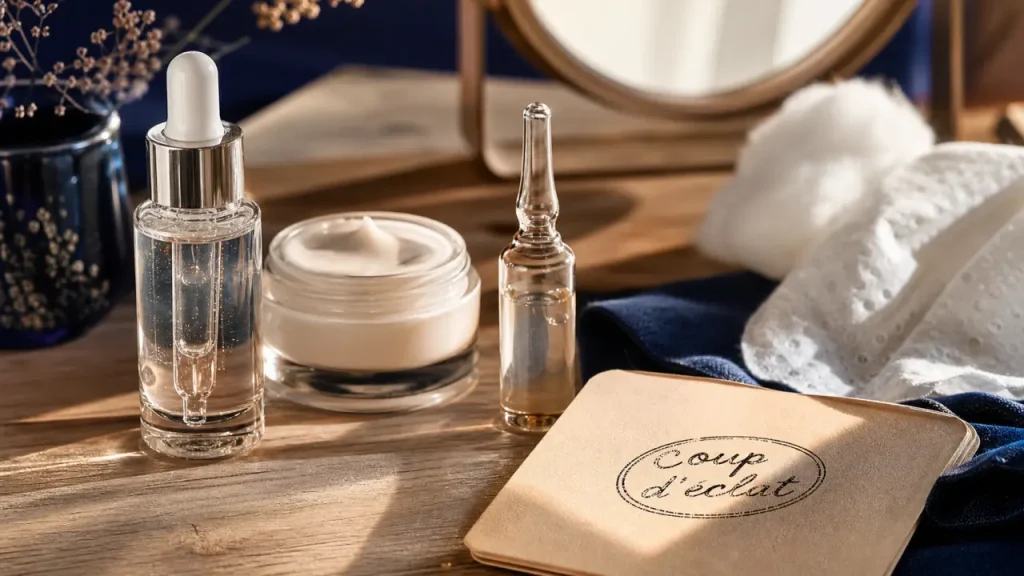 Coup d éclat : soins cosmétiques, sérum transparent et crème