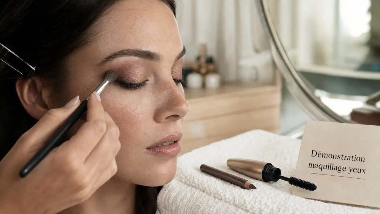 Démonstration maquillage yeux : pinceau et mascara pour agrandir le regard