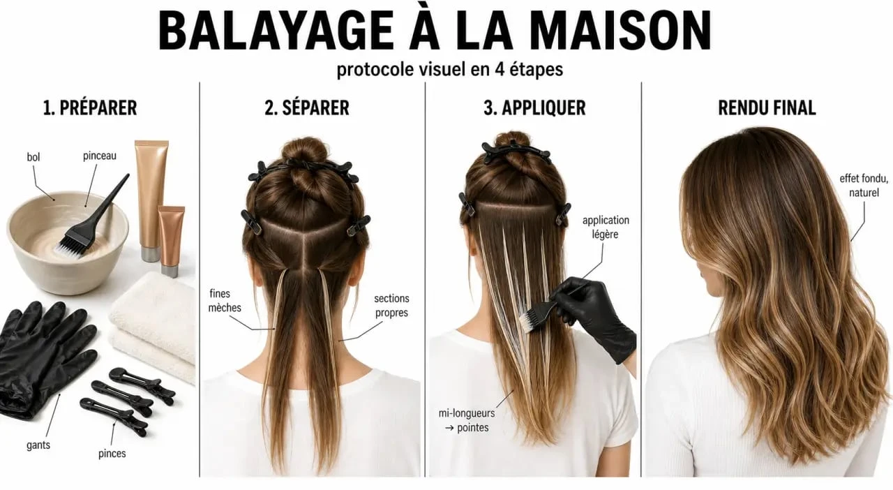 Balayage à la maison étape par étape avec matériel, application sur fines mèches et rendu naturel