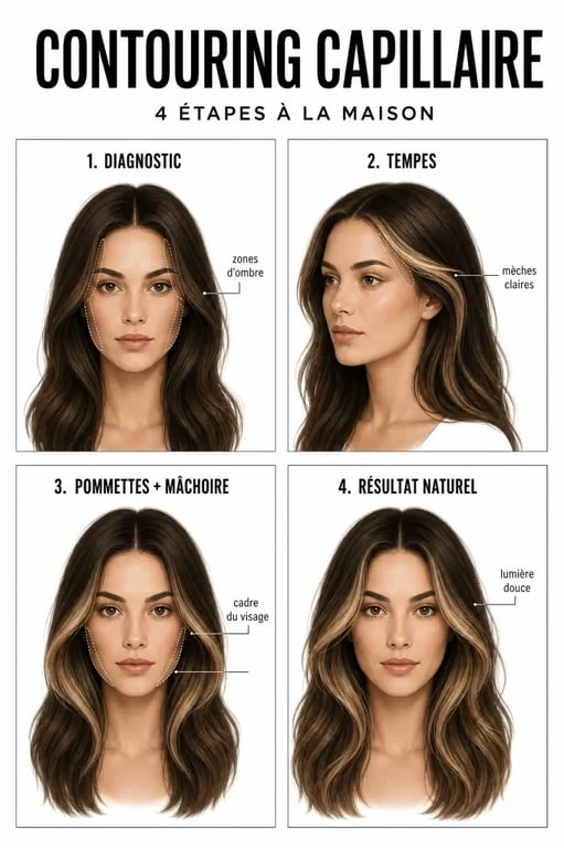 Contouring maison des cheveux : illustration des étapes pour éclairer les mèches autour du visage