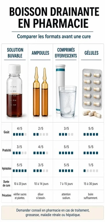 Infographie sur la boisson drainante pharmacie comparant les formats et les critères de choix