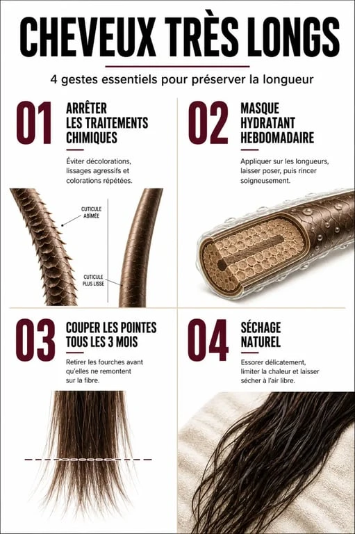 Infographie des conseils et bonnes pratiques pour l'entretien des cheveux très longs