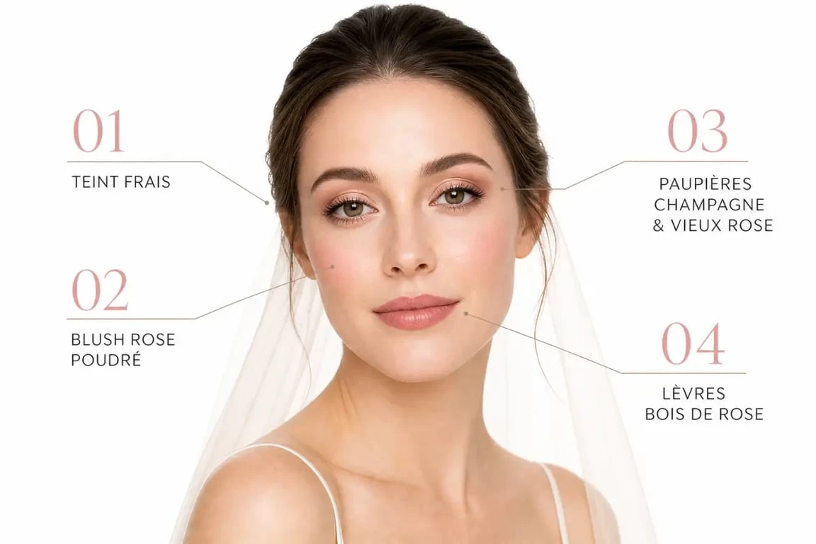 Maquillage mariage rose poudré en étapes avec teint lumineux, blush doux et lèvres bois de rose