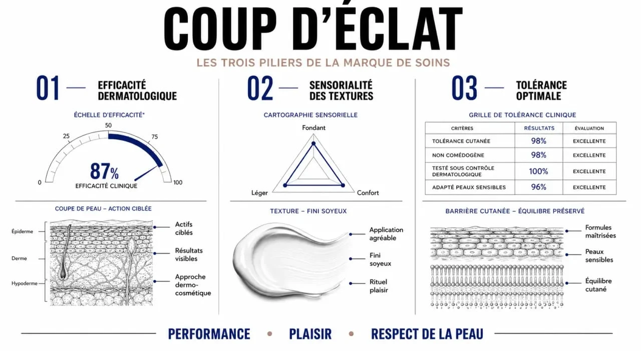 Infographie des piliers de la marque Coup d'Éclat : efficacité, sensorialité et tolérance pour un teint éclatant