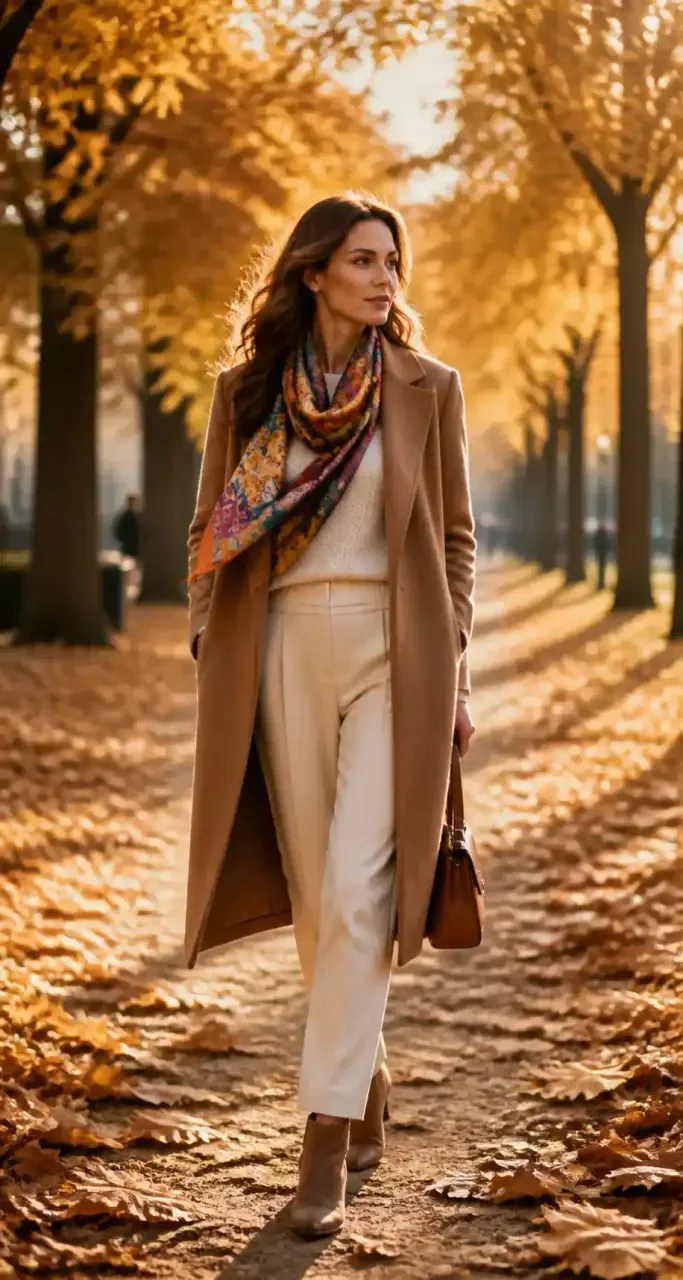 Femme en manteau camel dans une allée bordée d'arbres en automne