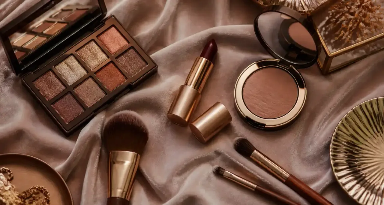 Palette de fards, pinceaux et produits de maquillage disposés à plat