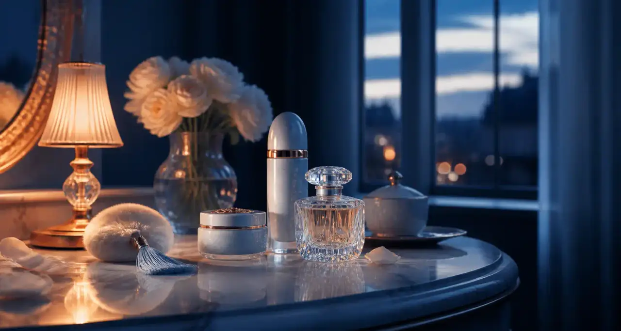 Table de beauté à l'heure bleue avec flacons en porcelaine et lueur abricot au crépuscule