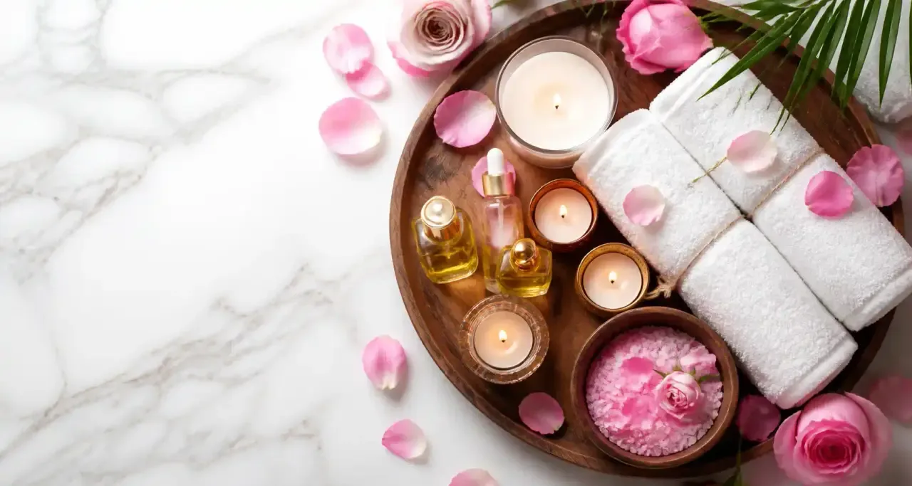 Plateau de soin avec bougies et pétales de rose sur marbre