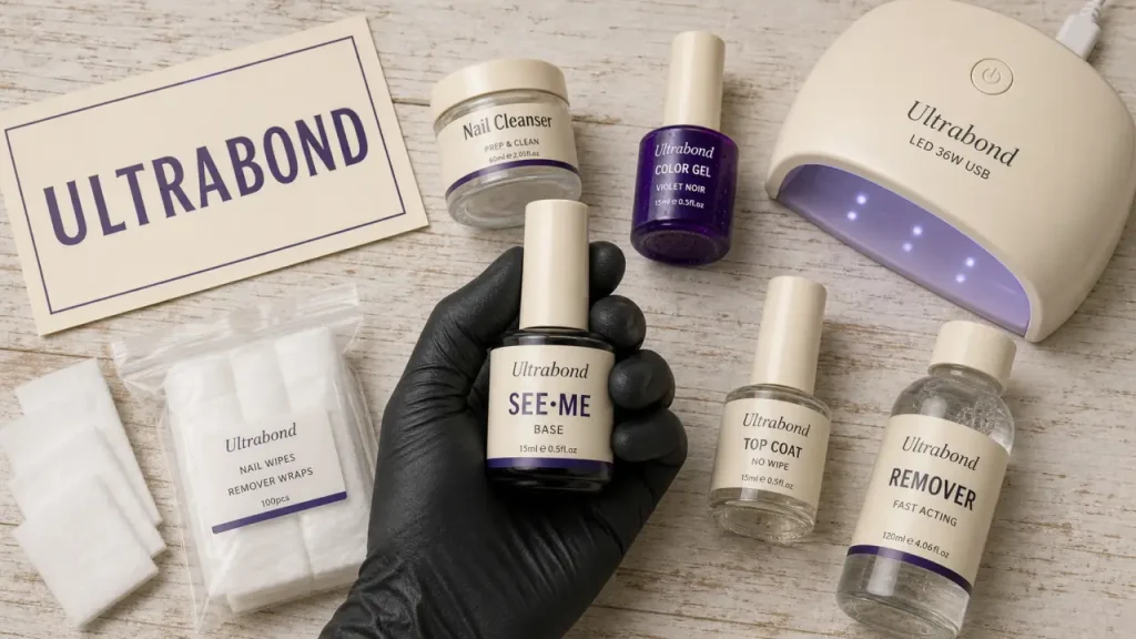 See me vernis semi permanent : Ultrabond et Nail Cleanser en flat-lay