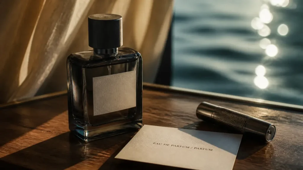 Acqua di gio parfum, flacon marine sur table en noyer et papier EAU DE PARFUM