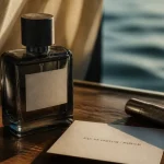 Acqua di gio parfum, flacon marine sur table en noyer et papier EAU DE PARFUM