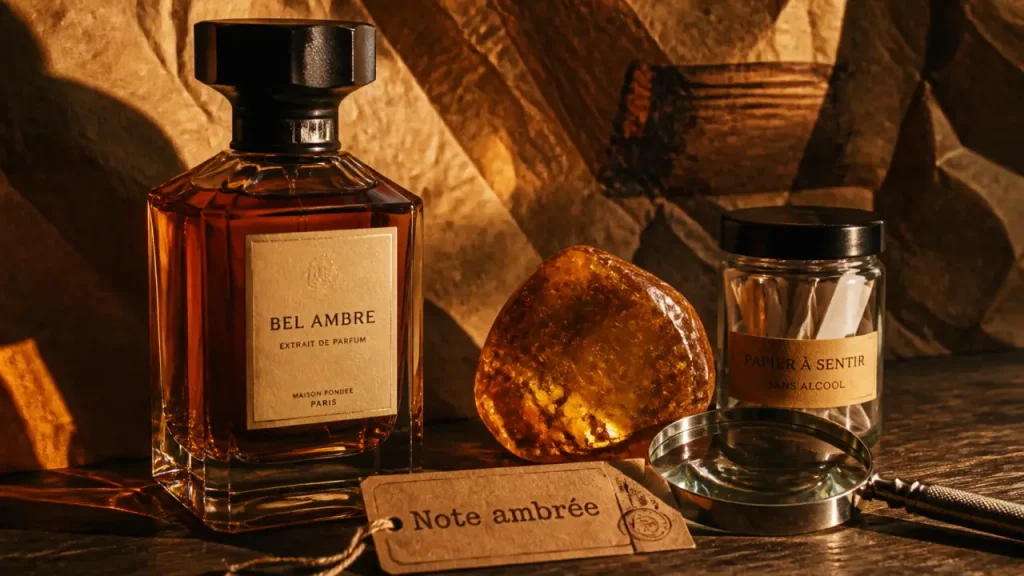 Flacon ambre parfum ambré, résine dorée et papier note
