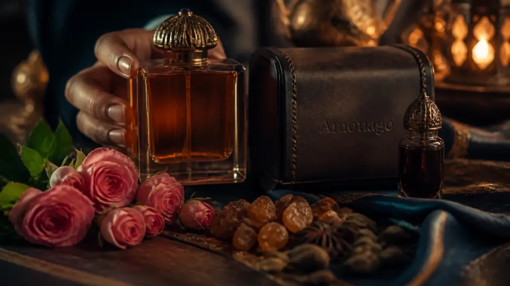 Amouage parfum : flacon ambré et encens, haute parfumerie omanaise