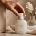 blanche bete parfum : flacon sur marbre crème avec fleurs blanches