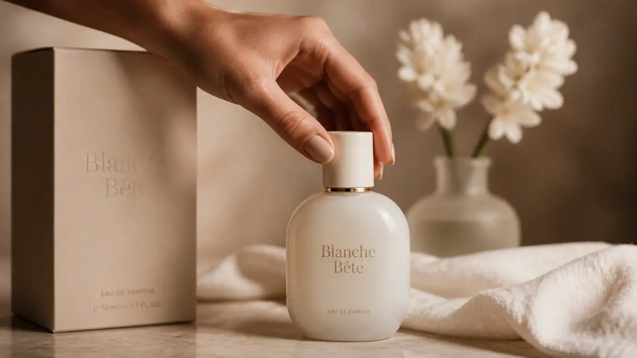 blanche bete parfum : flacon sur marbre crème avec fleurs blanches