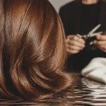 Carré long cheveux épais, coupe sans effet casque, cheveux brillants