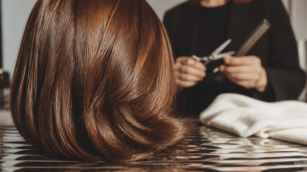 Carré long cheveux épais, coupe sans effet casque, cheveux brillants