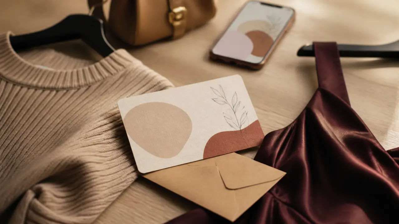 Carte cadeau mode femme entre vêtements, photo éditoriale