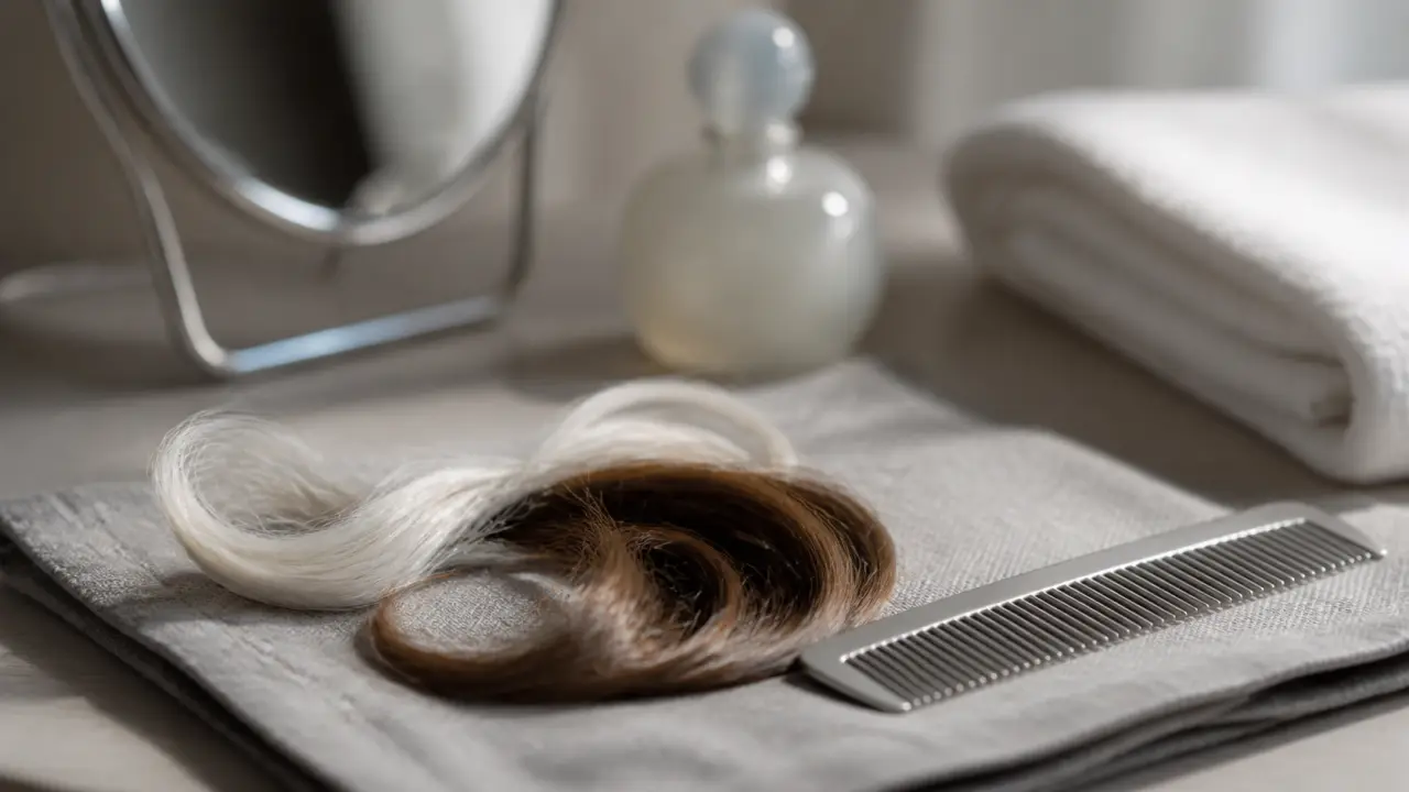 Cheveux blancs : mèche blanche sur peigne et fond studio