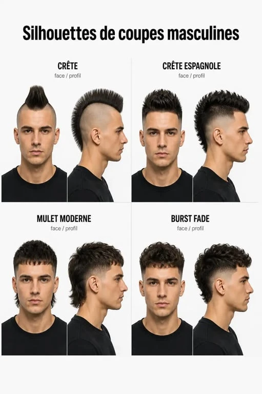 Coupe de cheveux crête en comparaison avec crête espagnole, mulet moderne et burst fade
