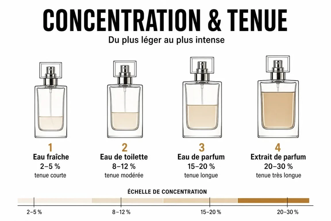 Comparaison eau de toilette ou eau de parfum selon concentration, tenue et intensité