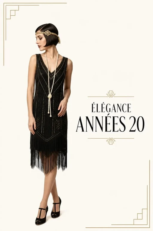 Mode année 20 femme : look complet avec robe à franges, headband bijou, sautoir de perles et escarpins rétro