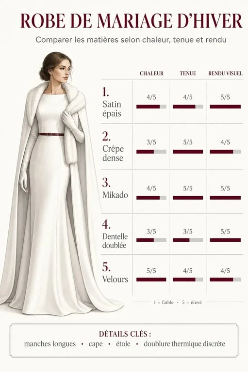 Mariage hiver robe : comparaison élégante des matières et coupes pour rester chic et au chaud
