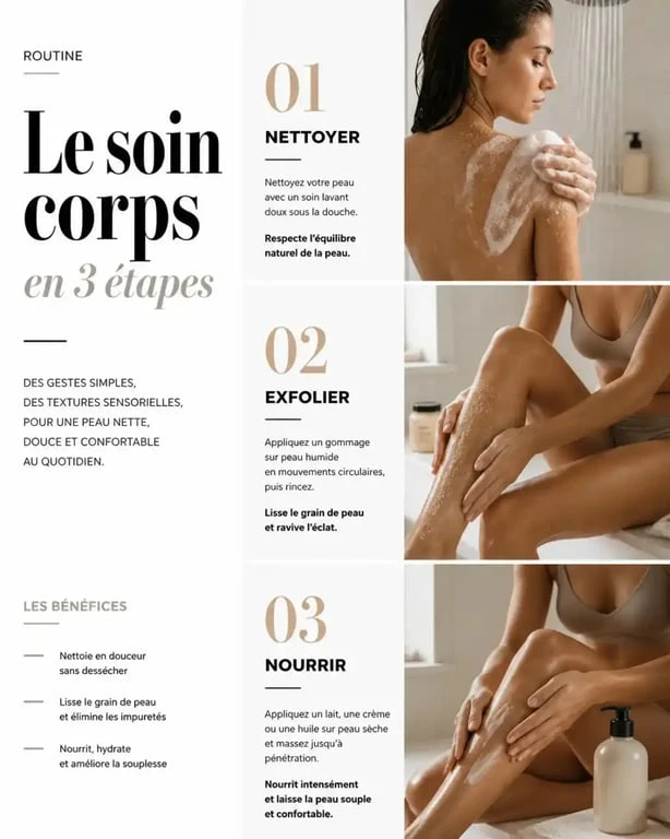 Soin corps : routine en 3 étapes avec nettoyage, gommage et hydratation