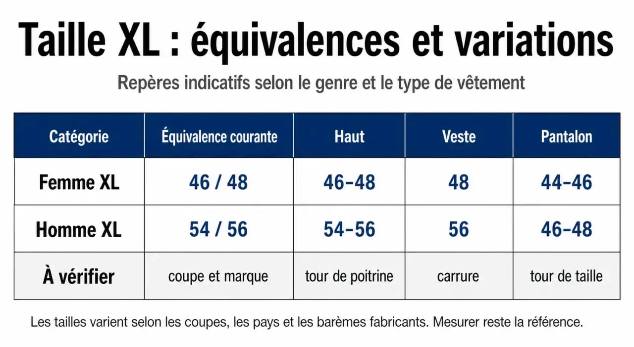 À quel taille correspond XL : tableau comparatif des équivalences FR femme et homme