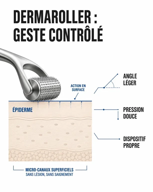Schéma du dermal rolling sur la peau avec micro-aiguilles, angle léger et gestes d’hygiène