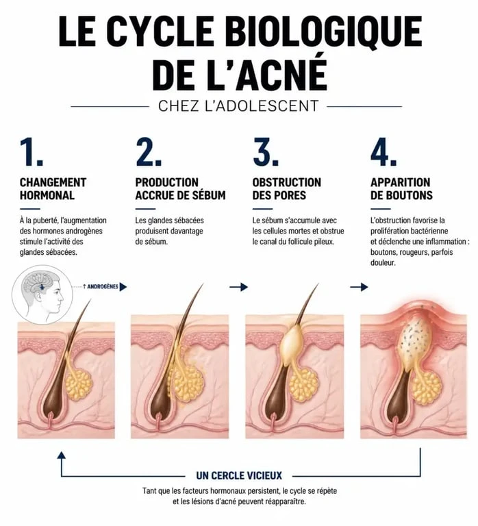 Schéma explicatif du mécanisme de l'acné et du soin visage ado