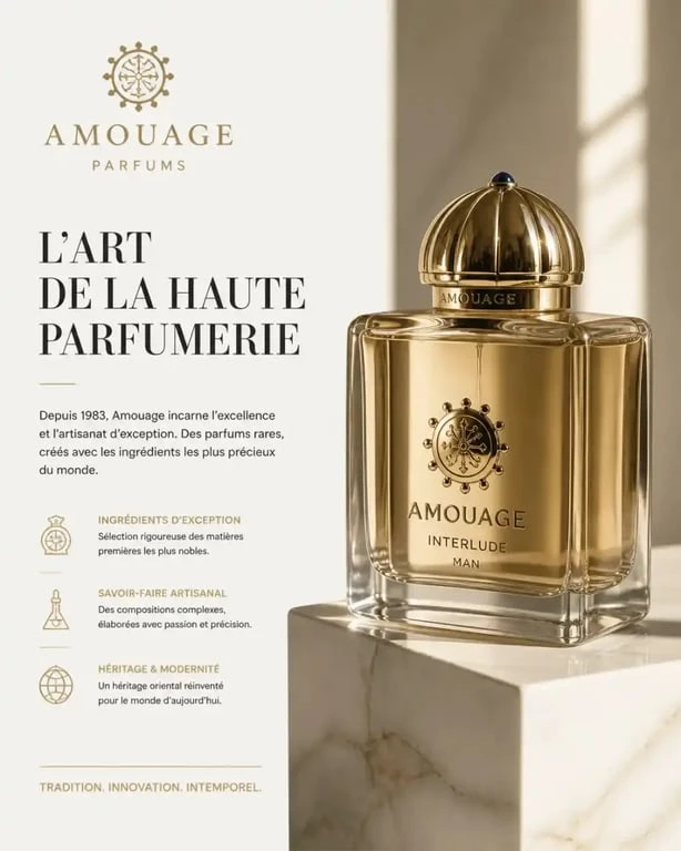 Flacon de parfum Amouage, symbole de luxe et d'excellence olfactive.