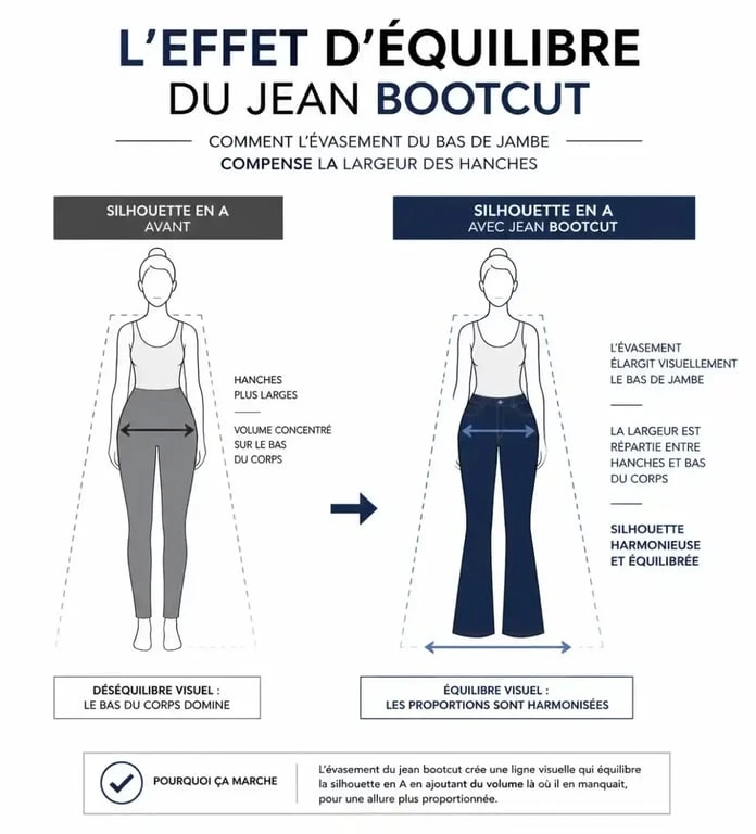 Le jean bootcut comme allié morphologique pour équilibrer une silhouette en A.