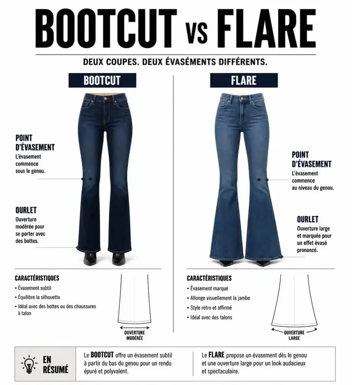 Comparaison visuelle entre un jean bootcut et un jean flare pour comprendre la différence de coupe.