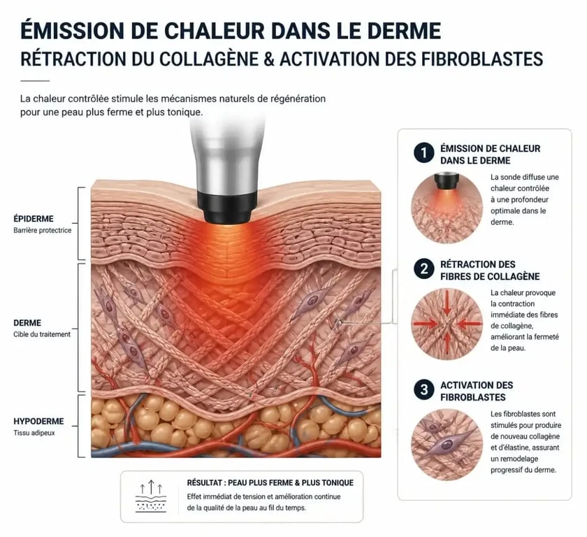 Schéma du mécanisme de la radiofréquence visage sur le collagène