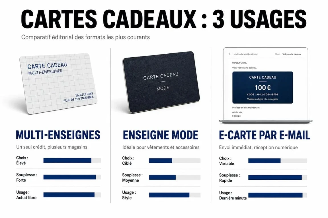 Carte cadeau mode femme : comparatif visuel entre carte multi-enseignes, carte d’enseigne et e-carte cadeau