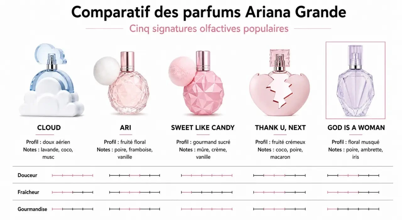 Comparatif parfum ariana grande des références Cloud, Ari, Sweet Like Candy, Thank U, Next et God Is A Woman