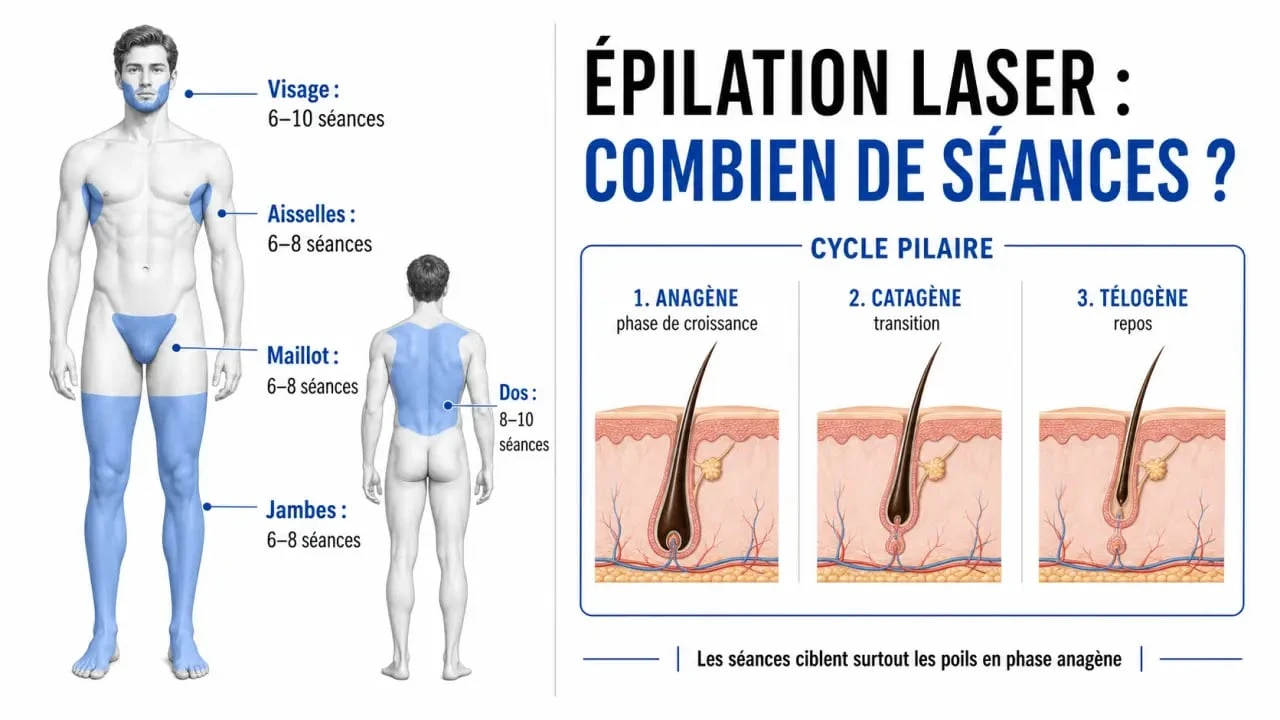 Épilation laser combien de séance : illustration du cycle pilaire et des fourchettes de séances selon la zone