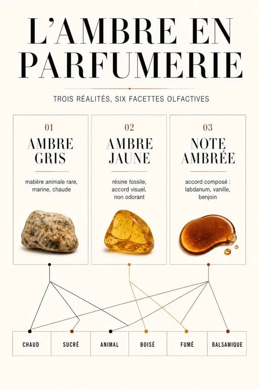 Ambre parfum : comparaison visuelle entre ambre gris, ambre jaune et note ambrée