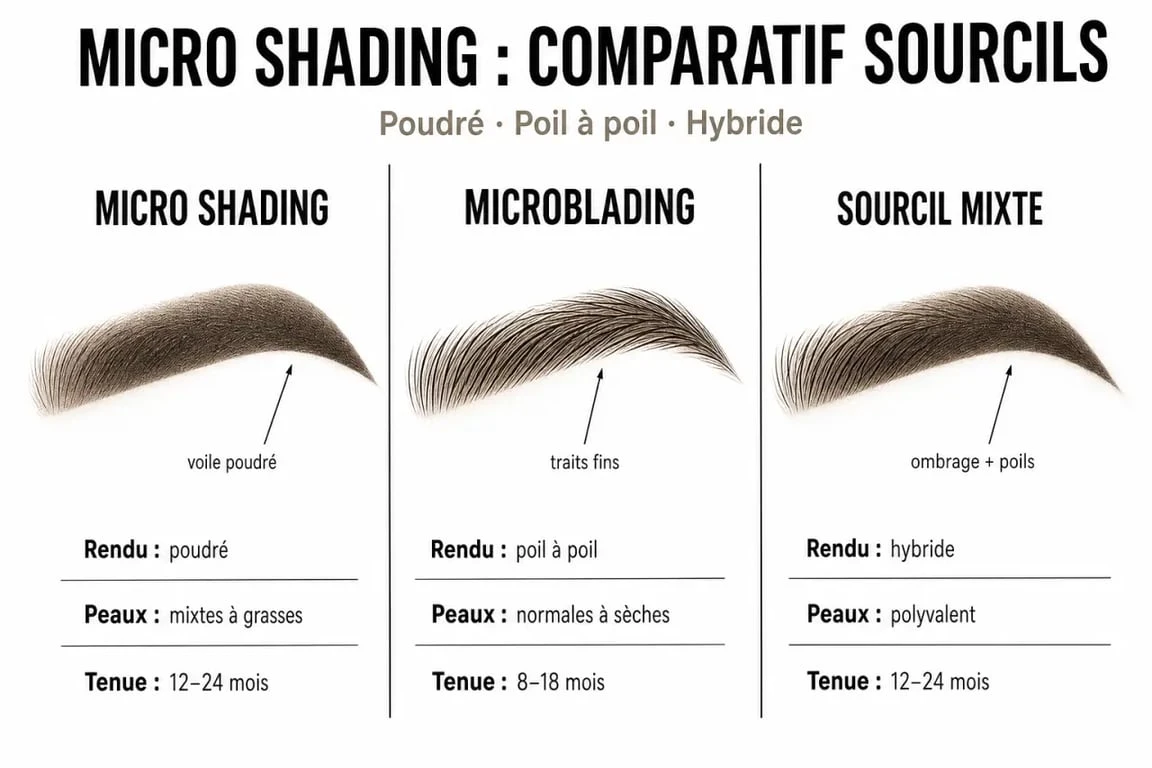 Infographie comparative micro shading, microblading et sourcil mixte pour comprendre le rendu et le profil de peau
