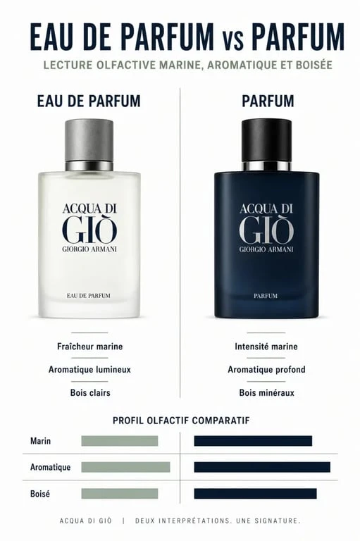 Comparatif acqua di gio parfum et Eau de Parfum avec notes olfactives