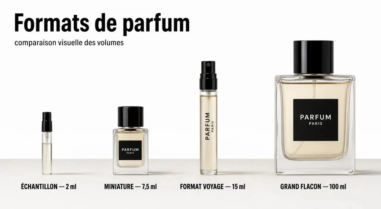Comparaison visuelle mini parfum, échantillon, format voyage et grand flacon