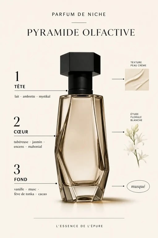 Blanche Bête parfum : pyramide olfactive avec notes lactées, florales blanches et musquées