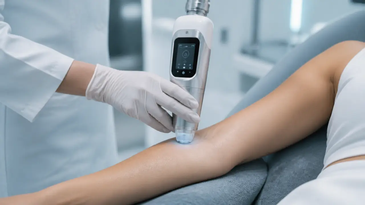 Épilation laser douleur : pièce à main médicale sur peau, cabinet.