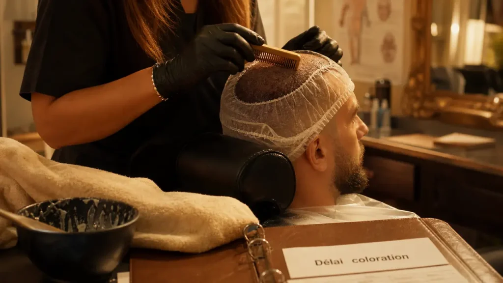 Greffe de cheveux coloration : coiffeuse prépare la teinture avant délai