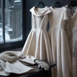 Mariage hiver robe satin manches longues, hiver neige, gants et cape