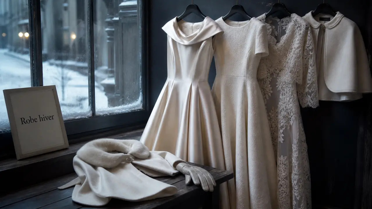 Mariage hiver robe satin manches longues, hiver neige, gants et cape