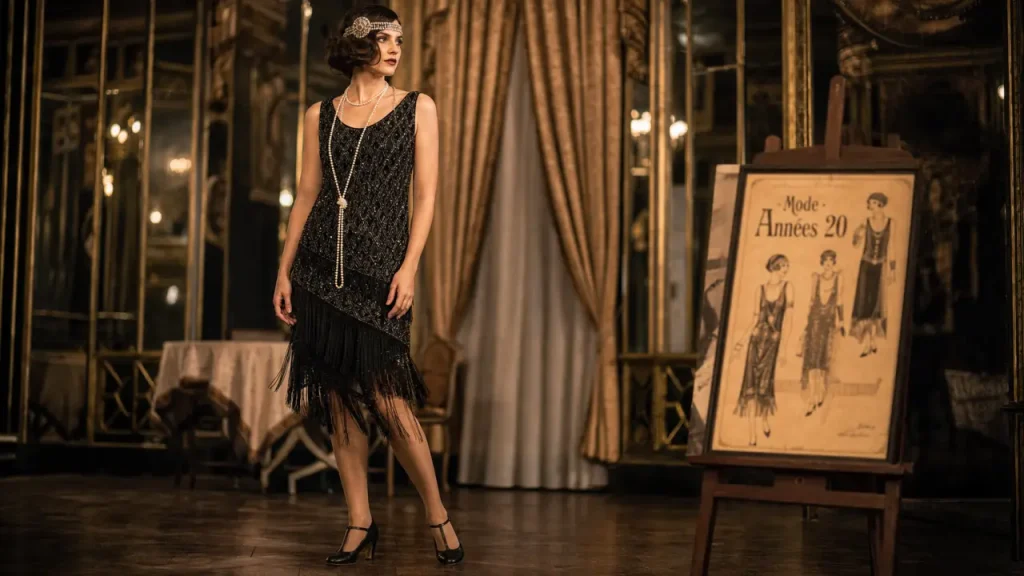 Mode année 20 femme : robe droite à perles et franges Gatsby